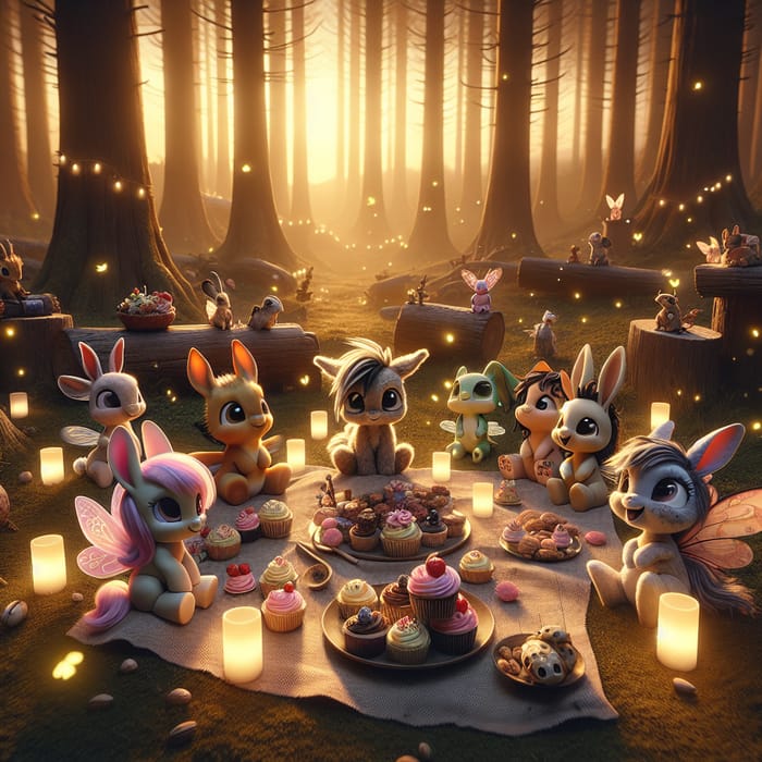 Whimsical Forest Gathering at Sunset with Pony, Rabbit, Fairy, and Friends