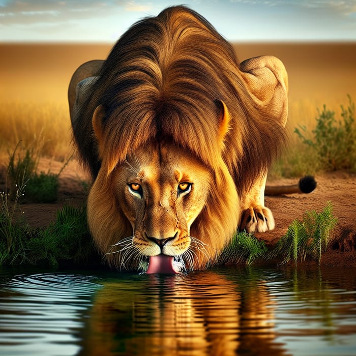 Enghadi Oasis: Majestic Lion Drinking Water in Intense Stare