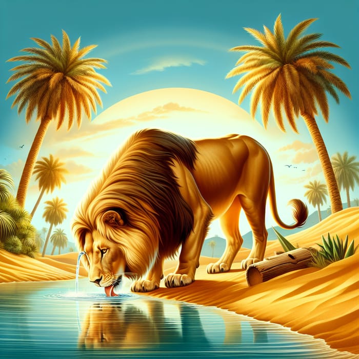 Majestic Lion Drinking at Enghadi Oasis - Captivating Wildlife Scene