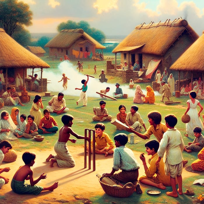 Diverse Children Playing Cricket in a Picturesque Indian Village Setting