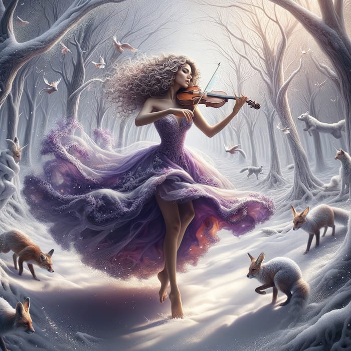 Enchanting Snowy Forest Dance: Woman with Violin & Nature Creatures
