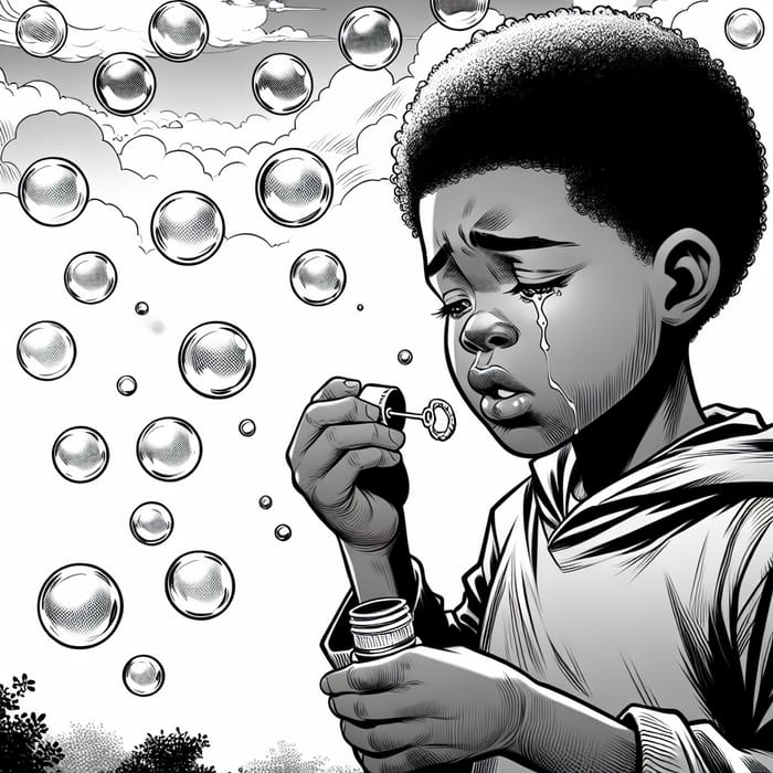 Sad Child Blowing Bubbles in Monochrome Coloring Page