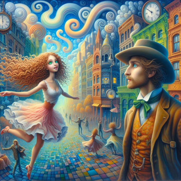 Dreamlike Encounter: Surreal Cityscape with Free-Spirited Girl and Gentle Cowboy