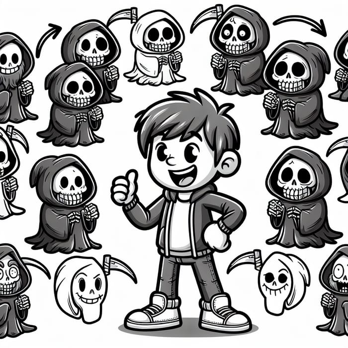 Playful Child with Whimsical Grim Reapers - Coloring Fun