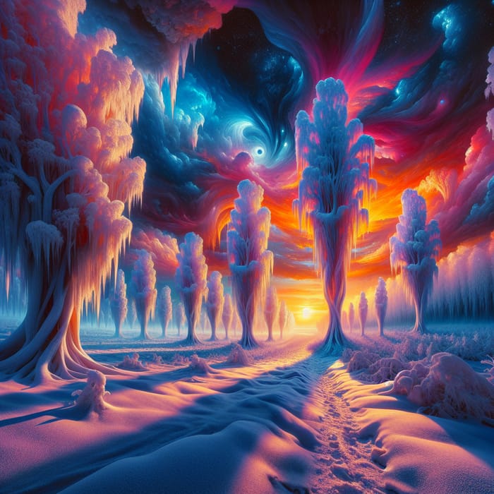 Surreal Winter Landscape in Dali-esque Style | Vibrant Colors & Ethereal Light