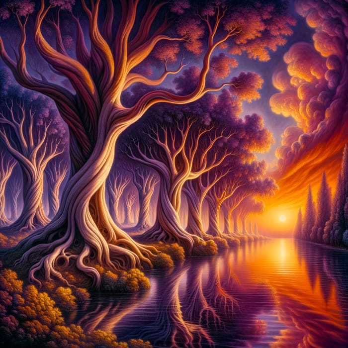 Surreal Sunset at Serene Lake | Twisted Trees, Vibrant Hues & Mystical Atmosphere
