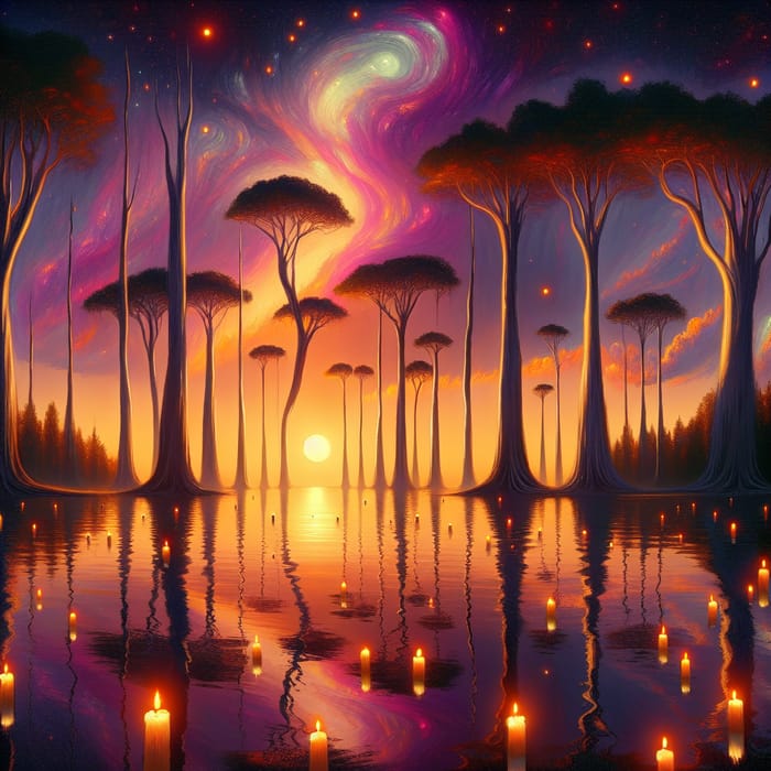 Dreamlike Sunset Scene with Floating Candles on Tranquil Lake