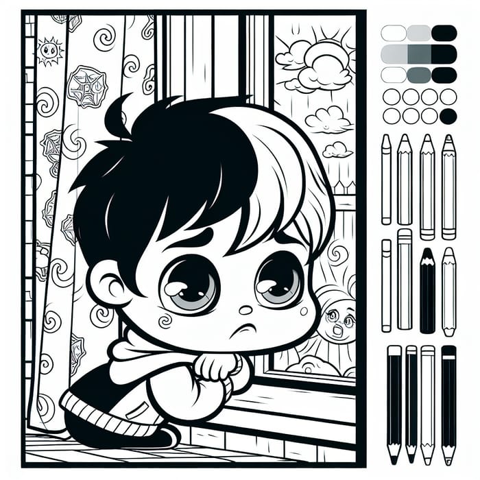 Whimsical Cartoon Coloring Book Page - Sad Kid Looking out Window