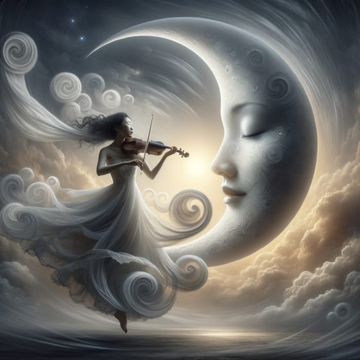 Enchanting Moonlit Fantasy: Surreal Woman Dancing on Crescent Moon