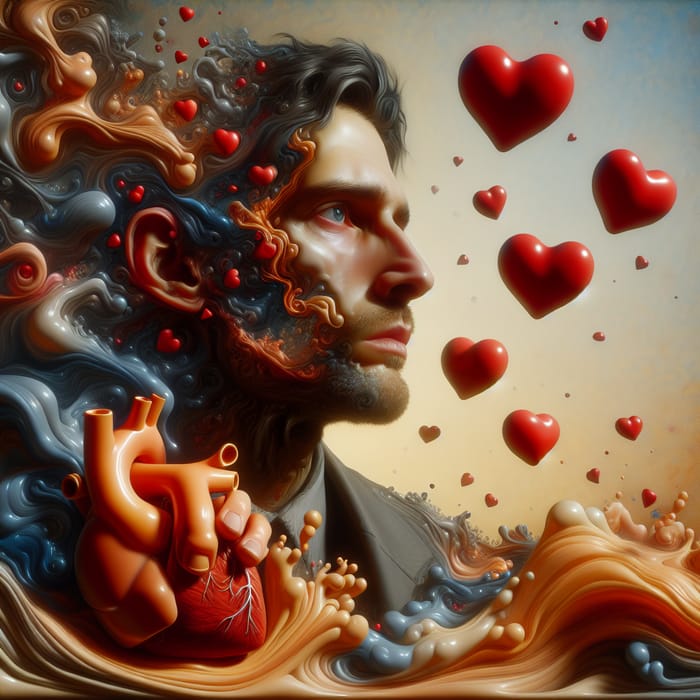 Surreal Portrait of a Multifaceted Man with Melting Hearts