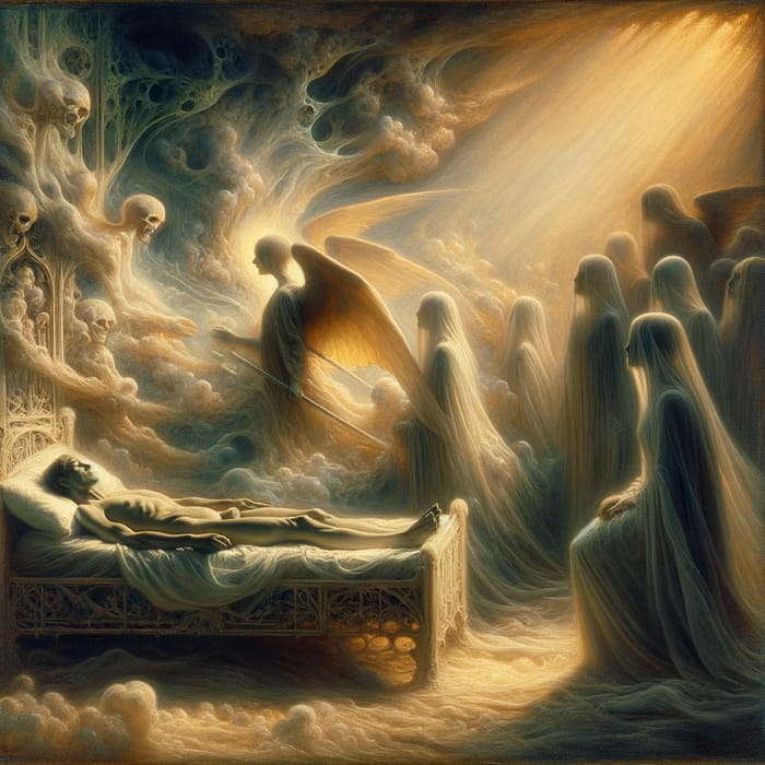Symbolic Denial of Death with Dreamlike Lighting and Surrealistic Style