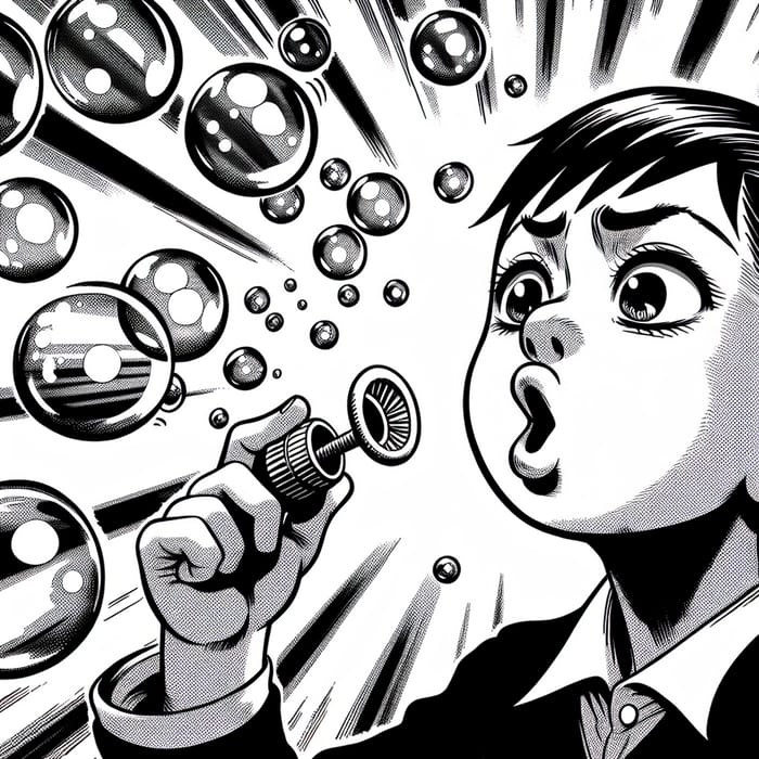 Comic-Inspired Black and White Illustration of a Child Blowing Bubbles with Grieving Expressions