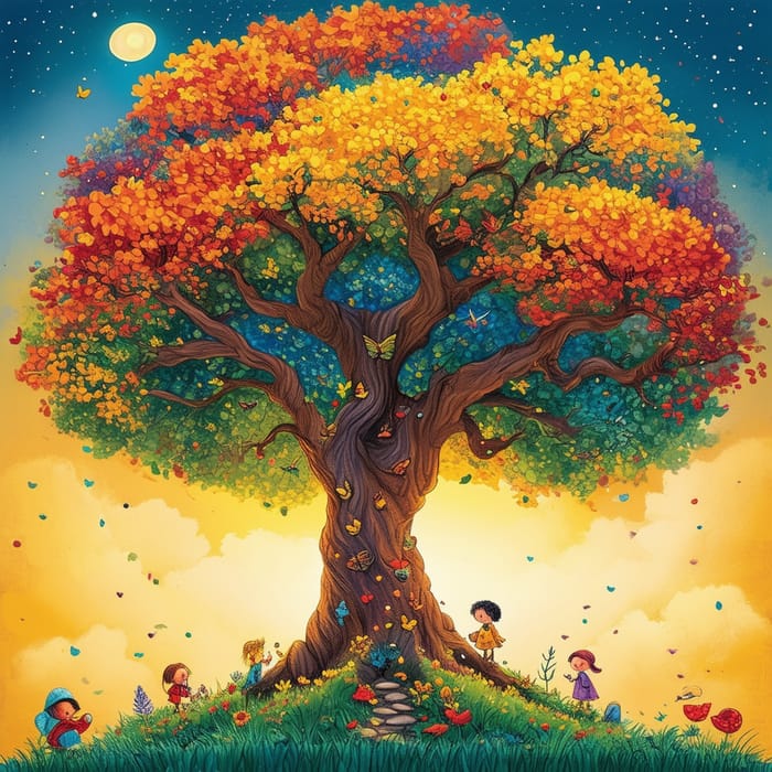 Whimsical Children's Book Cover: Tree Life Cycle Exploration
