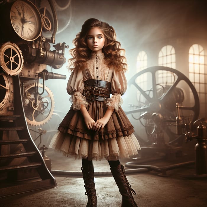 Young Steampunk Girl with Magnificent Machine - Adventure Scene