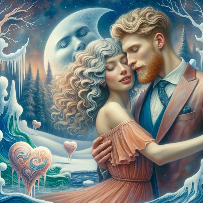 Enchanting Couple Dances in Moonlit Forest with Whimsical Hearts