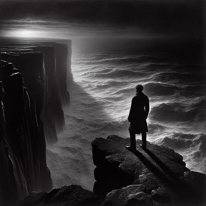 Existential Contemplation on Rugged Cliff | Dramatic Monochrome Seascape
