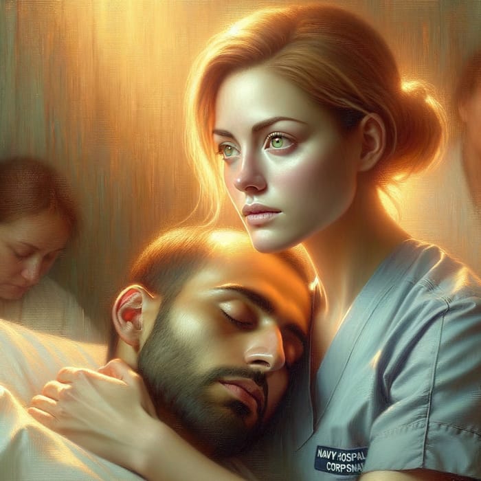 Empathetic Navy Hospital Corpsman with Strawberry Blonde Hair Caring in Surreal Hospital Room