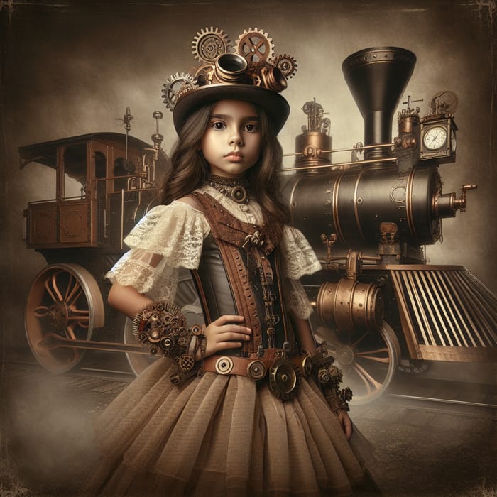 Steampunk Girl in Front of Steam-Powered Machine with Nostalgic Sepia Tone
