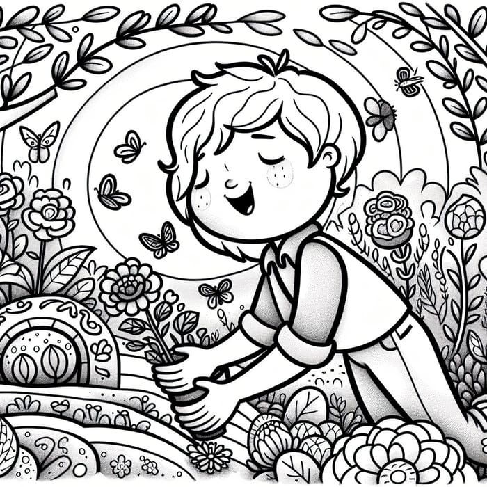 Whimsical Cartoon of Child Planting Garden in Memory