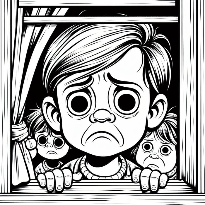 Whimsical Sad Kid Cartoon Coloring Page for Children