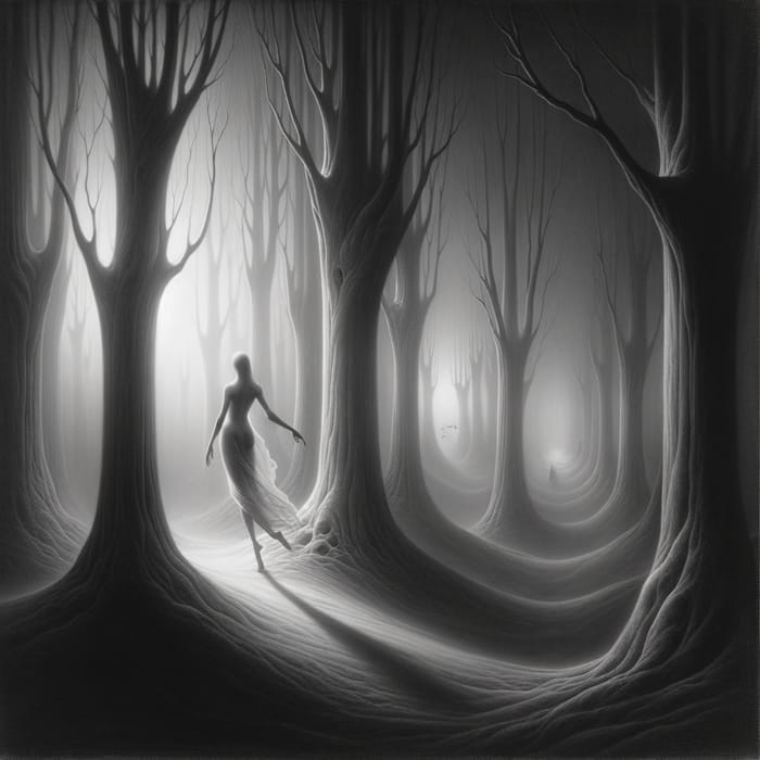 Ethereal Mystery in Monochromatic Forest - Salvador Dali Inspired