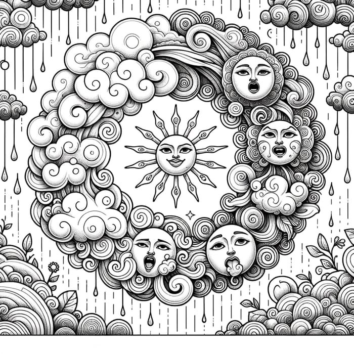 Whimsical Clouds with Expressive Faces Coloring Page | Digital Design