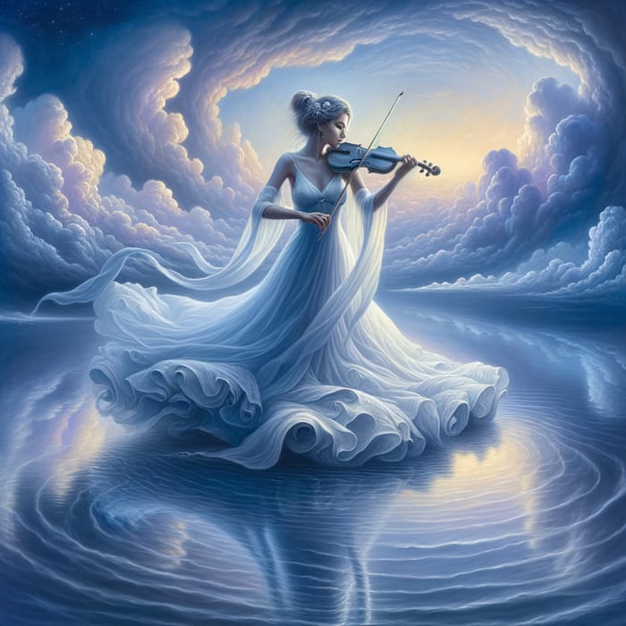 Ethereal Woman Playing Violin on Serene Lake at Twilight