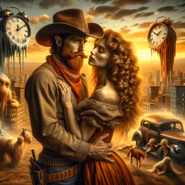 Passionate Western Romance in Vibrant Surreal Cityscape