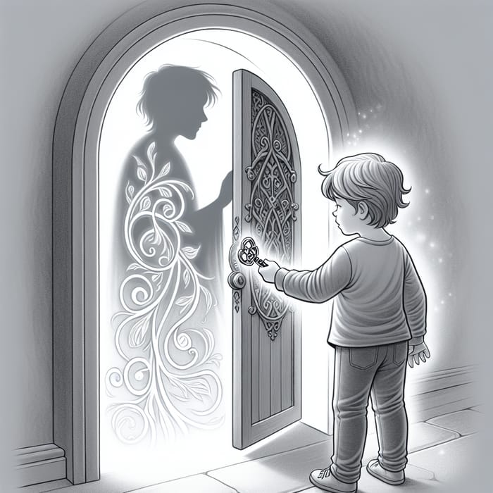 Child Unlocking Imaginary Door with Key for Connection