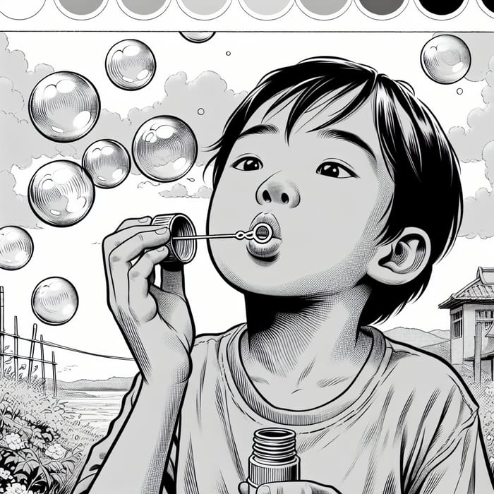 Child Blowing Bubbles | Black and White Coloring Page