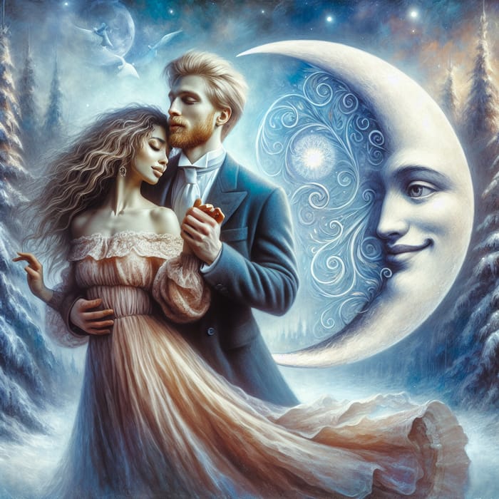 Enchanting Moonlit Dance: Surrealist Love in Snowy Forest