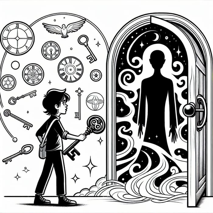 Child Unlocking Imaginary Door: Coloring Page for Kids