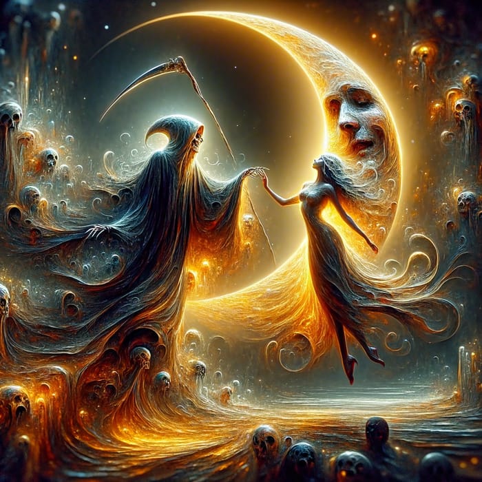 Grim Reaper and Ethereal Figure Dance under Moonlight | Surrealist Masterpiece
