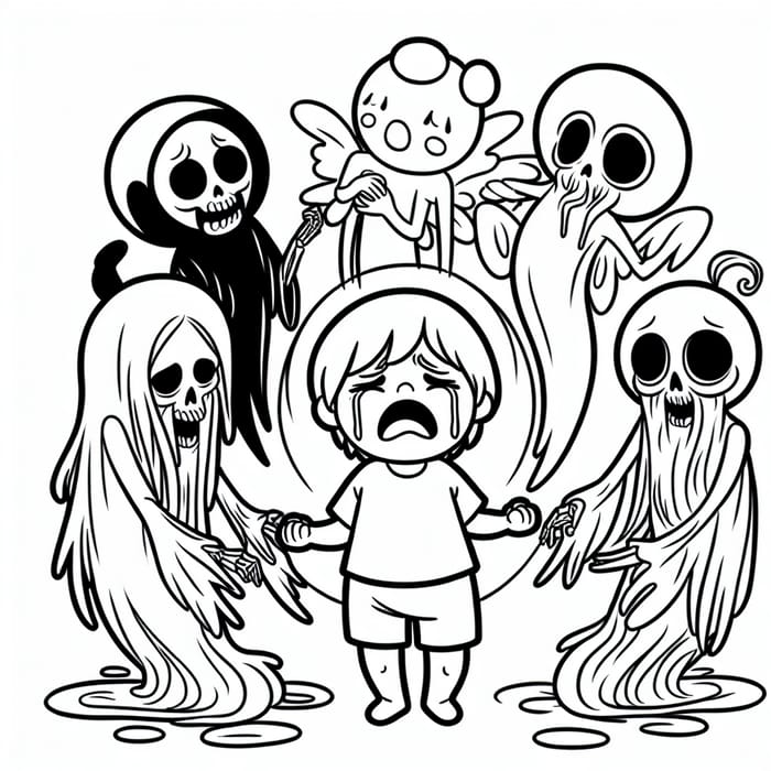 Crying Child Surrounded by Death in Cartoon Drawing