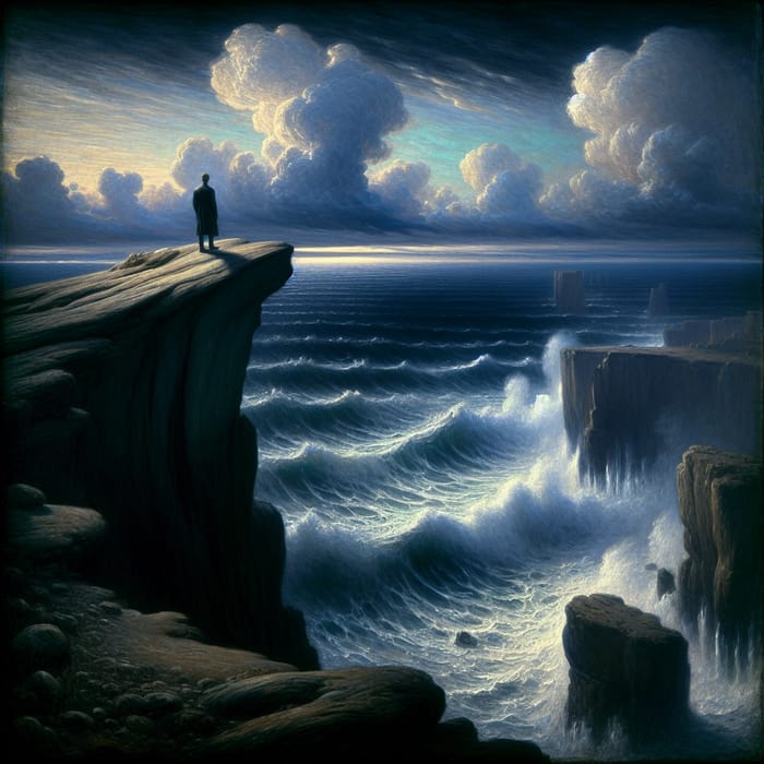 Contemplative Figure on Cliff Facing Turbulent Ocean