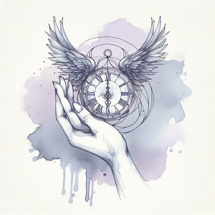 Dreamlike Watercolor: Delicate Hand Cradling Winged Clock
