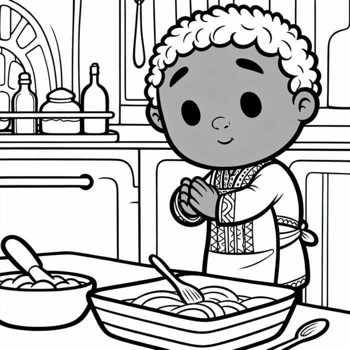 Caring Child Honoring Memory Through Whimsical Kitchen Cartoon