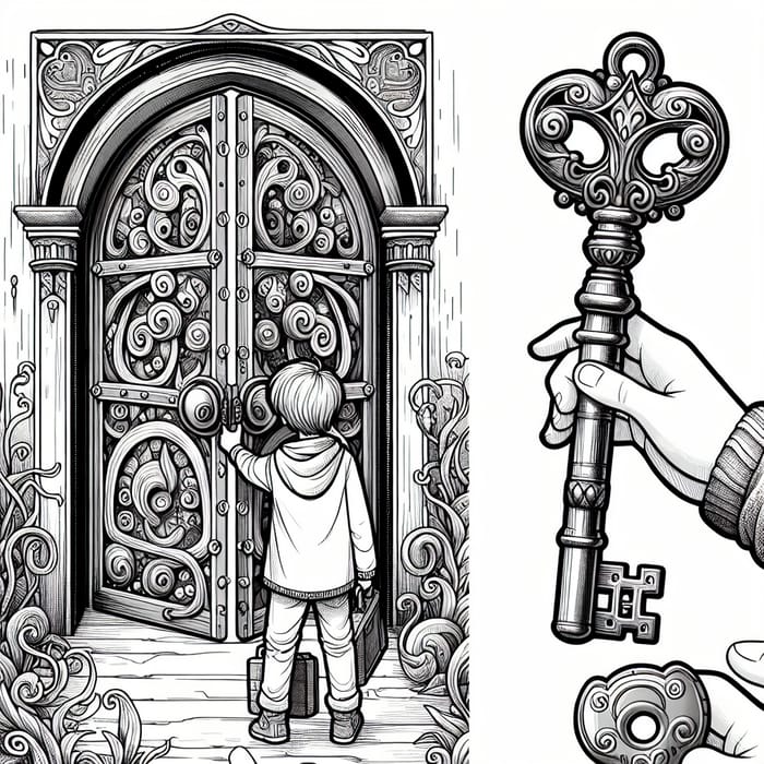 Child Unlocking Imaginary Door Coloring Page | Key Adventures