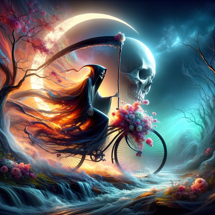 Captivating Grim Reaper Riding Bicycle with Flowers Under Moonlight