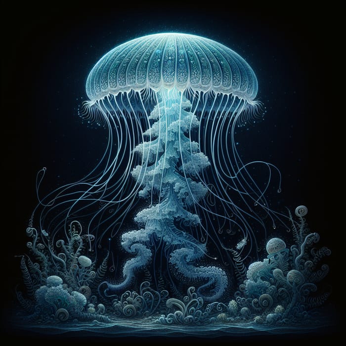 Elegant Blue Jellyfish in Dark Sea