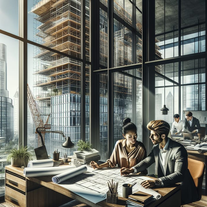 Vibrant Office Scene with Diverse Employees and Building Construction