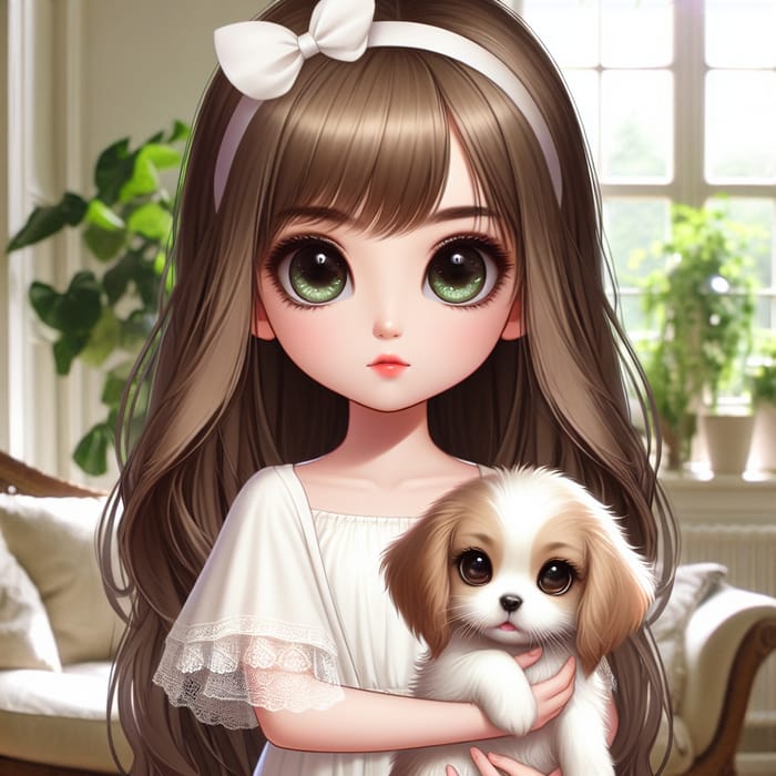 Enchanting Anime Art: Girl with Brown Hair and White Bow Holding Puppy