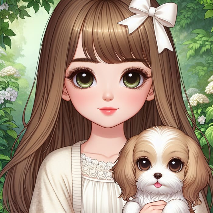 Enchanting Girl with Hazel Eyes and Adorable Puppy in Lush Greenery