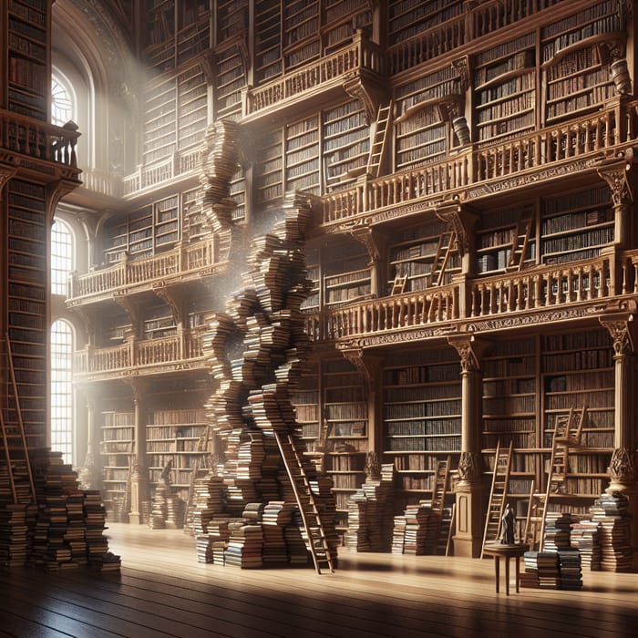 Enchanting Library Scene: Books Emerging from Shelves