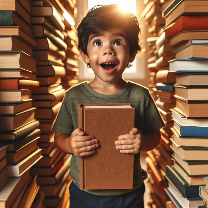 Enthralling Book Adventure: Young Hispanic Boy Amid Giant Book Stacks