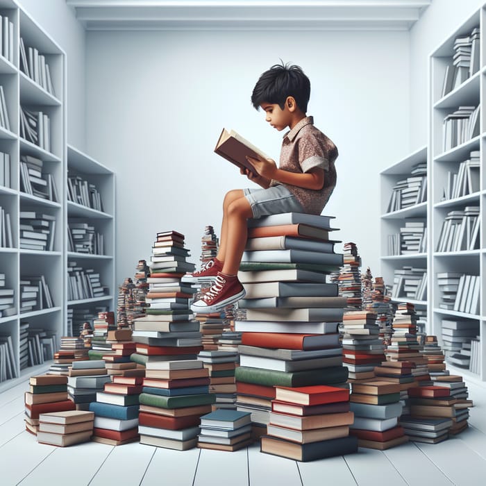 Adorable Kid Engrossed in Books on White Shelves Background