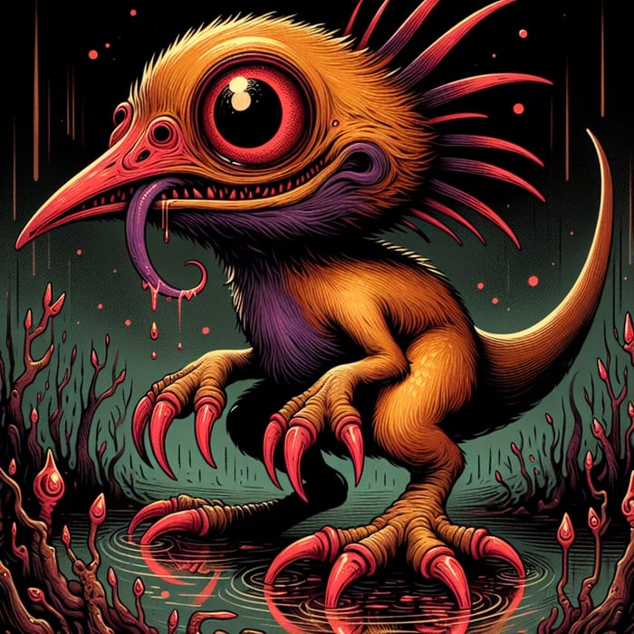 Red-Hooved Monster: Surreal Dinosaur-Like Horror in Dark Swamp