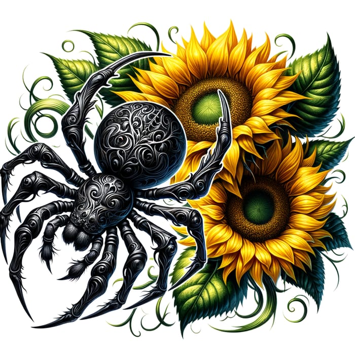 Gothic Spider and Sunflowers Tattoo Design