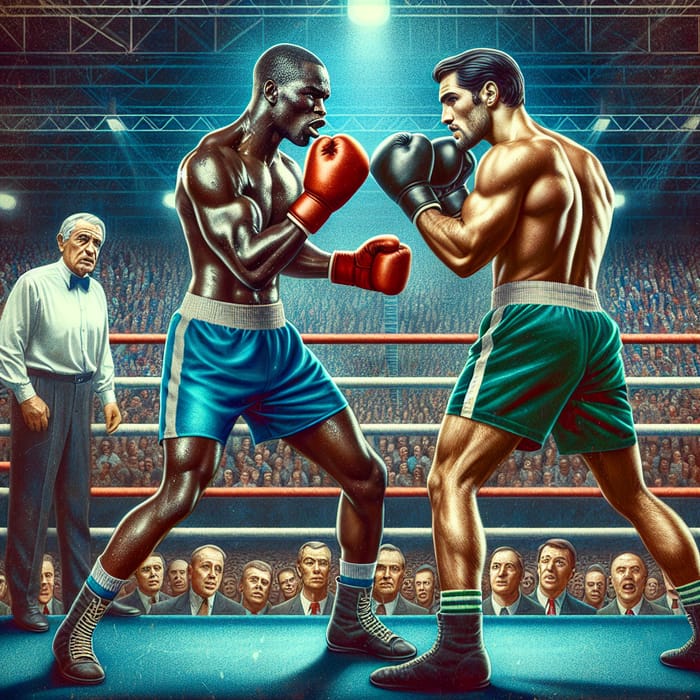 Intense Boxing Match: Black vs Caucasian Boxers on Boxing Ring