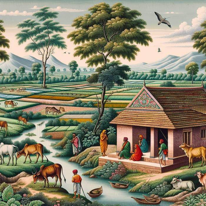 Serene Rural Indian Scene | Traditional Art Depiction